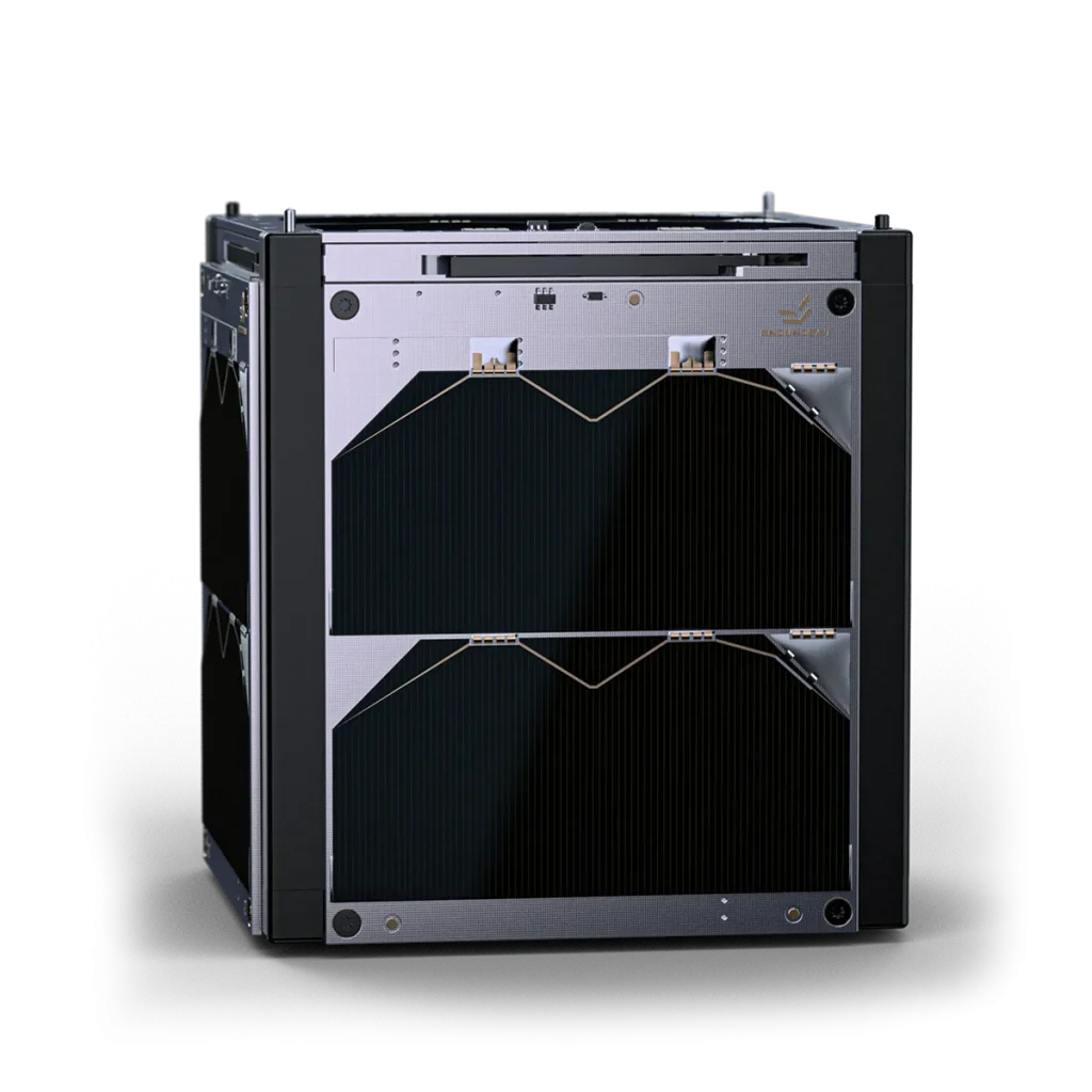 Front view of the EnduroSat 1U CubeSat satellite bus, highlighting the 1U solar panel X/Y.
