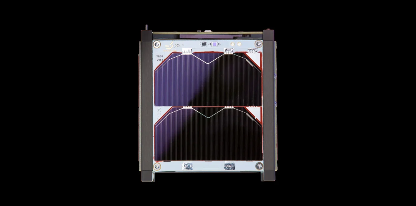 A frontal view of the EnduroSat 1U CubeSat satellite bus, highlighting the 1U Solar Panel X/Y mounted on the nanosatellite.