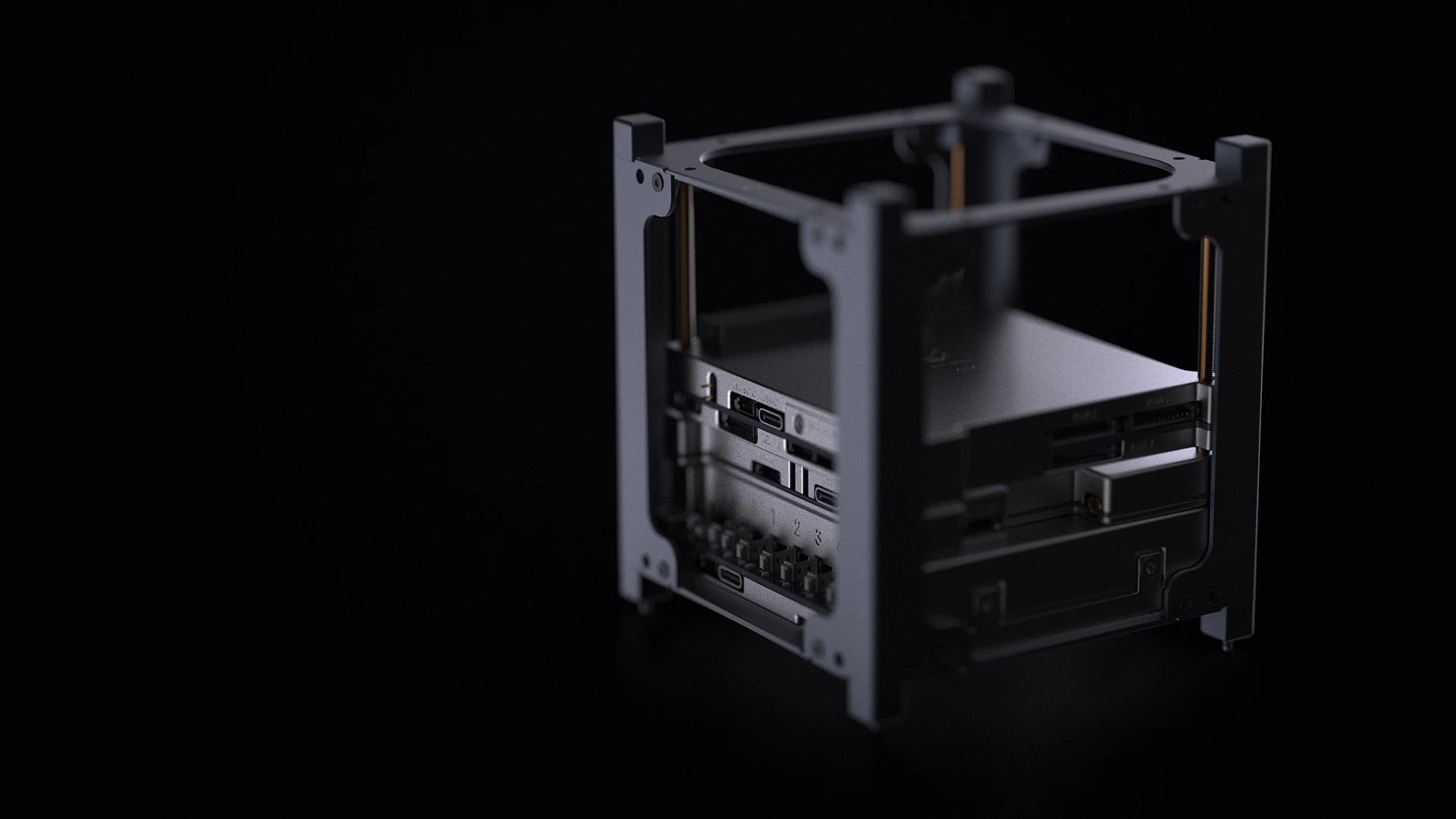 Three quarters side view of the EnduroSat 1U CubeSat internal structure, showcasing the modular design and available payload capacity of the nanosatellite.