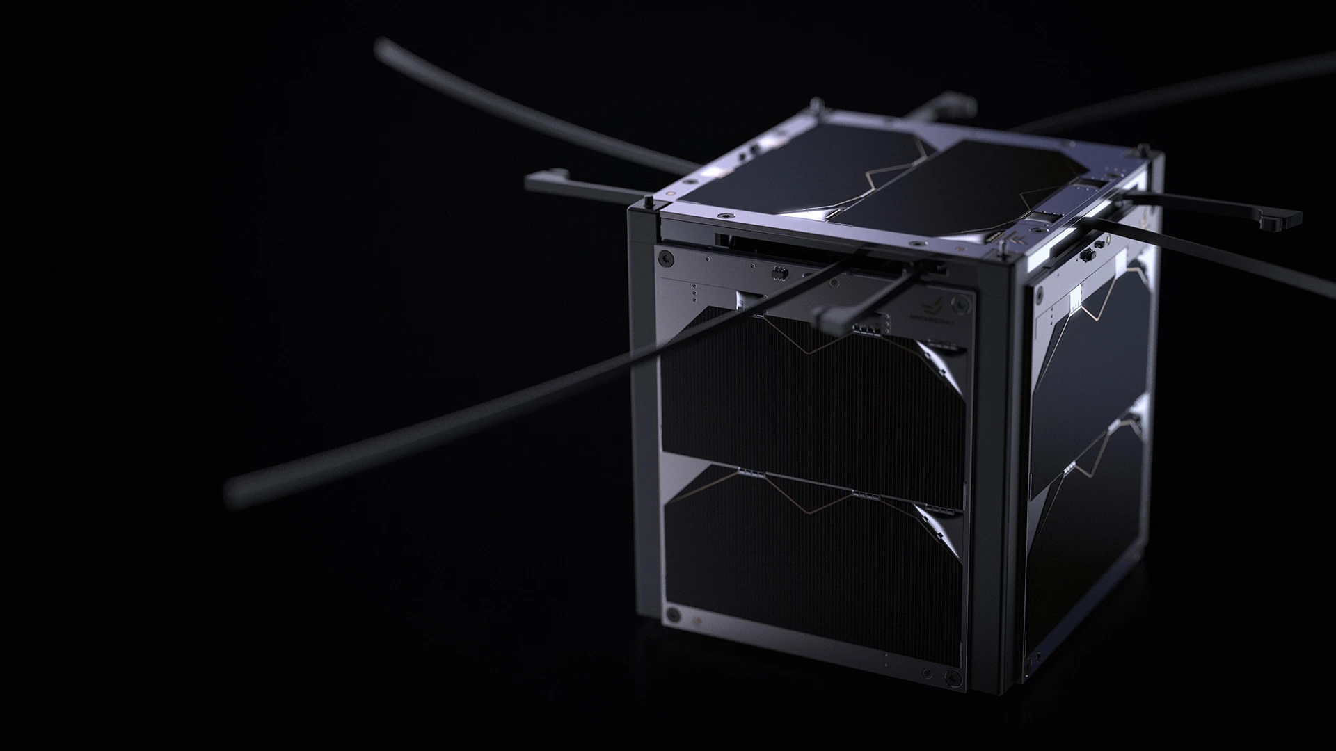 A top side view of the EnduroSat 1U CubeSat satellite bus, showing deployed antennas and 1U X/Y and Z Solar Panels.
