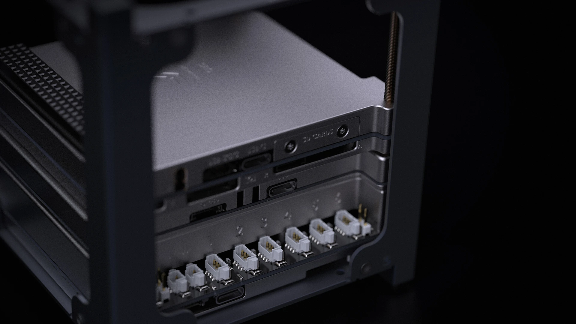 Detail view of the EnduroSat 1U CubeSat internal structure, highlighting the nanosatellite's ports and modular components.
