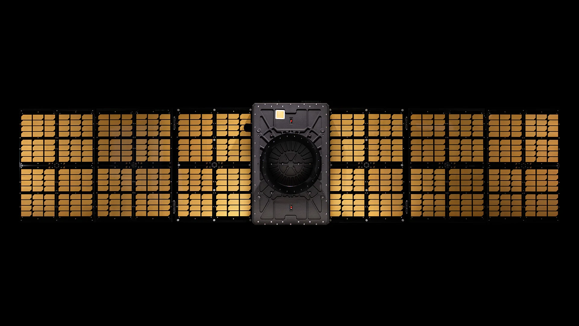 Frontal view of the ENDURANCE-15 satellite platform with fully deployed solar arrays, ready for advanced space missions.